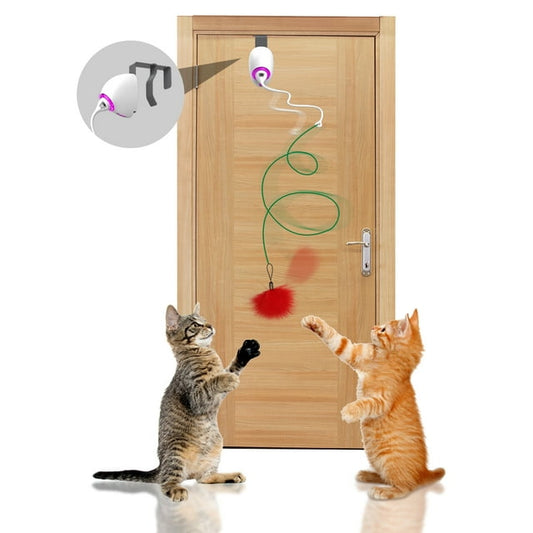 two cute cats playing with a cat rope toy attached to a door