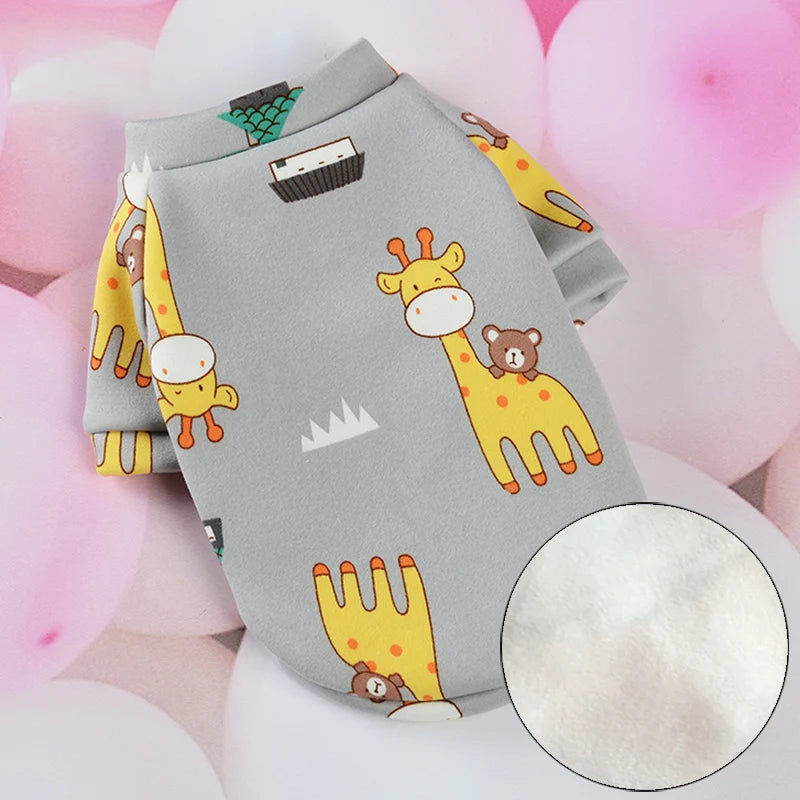 a cute cat grey cotton costume comfy and has pictures of brown bears and yellow giraffes on it