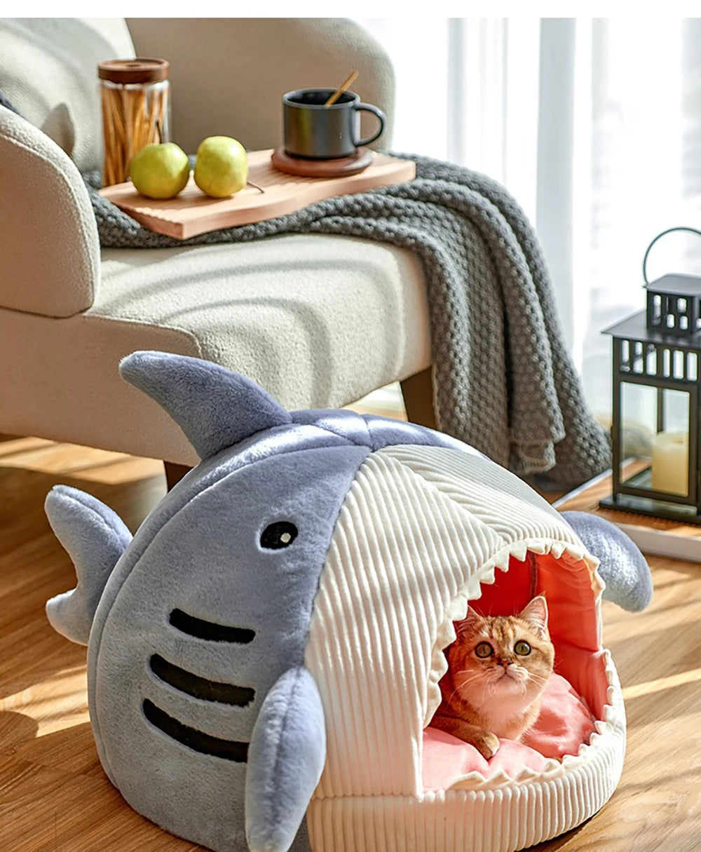 a cat bed that looks like a shark with an open mouth with a cute cat sitting inside 