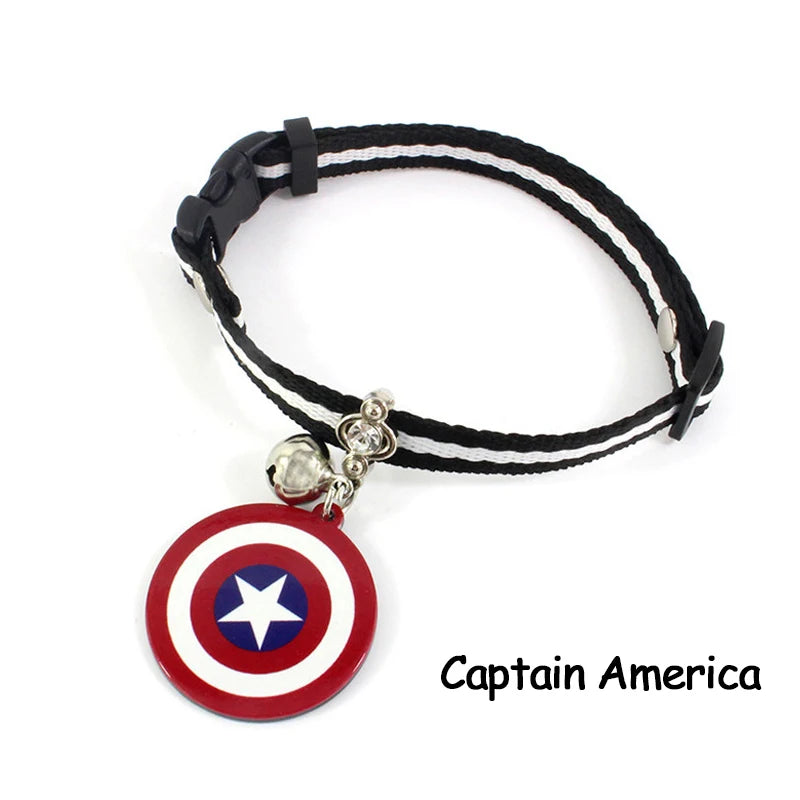 a cute black and white color collar with silver hinge and bell and a captain America red and blue shield medal in the front