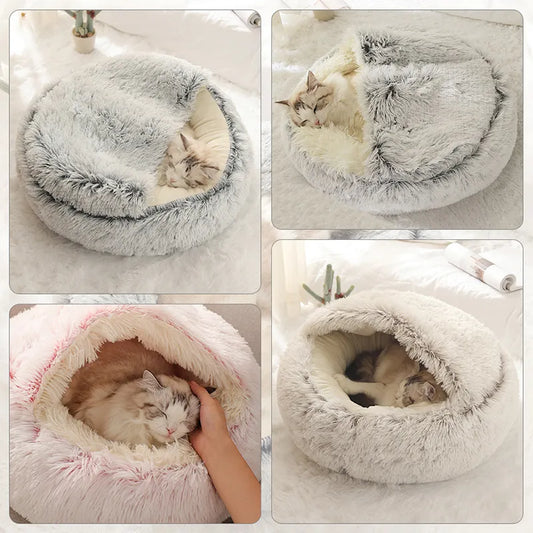 pink/ beige/ gray fluffy plush beds for cats with cute cats sleeping in them
