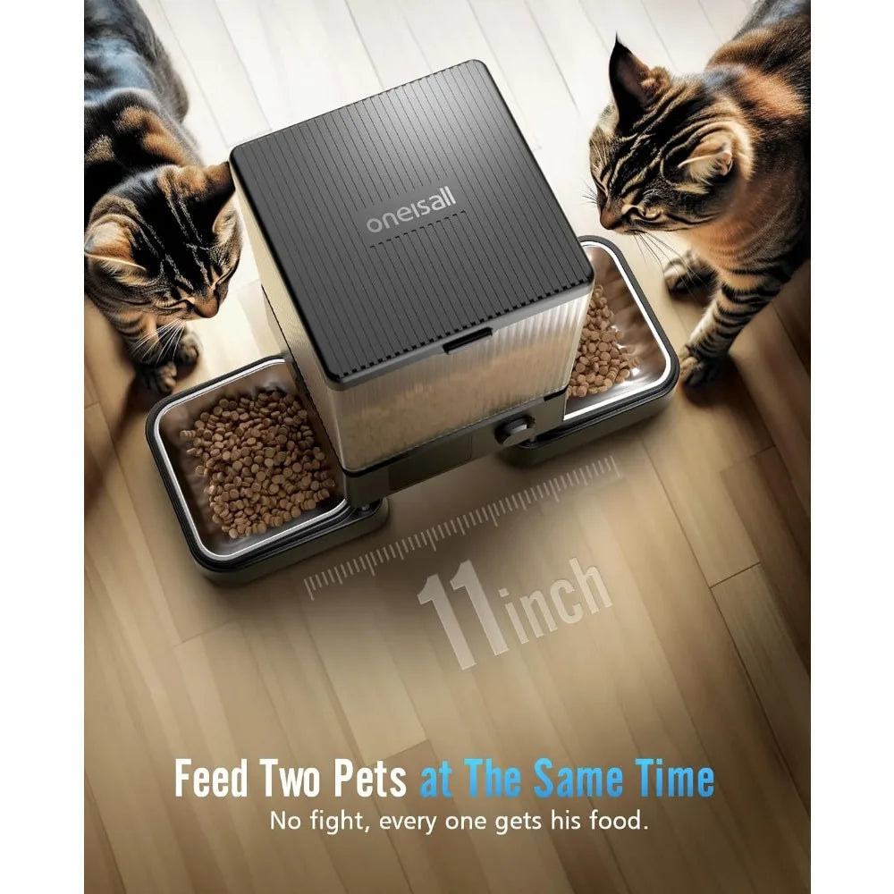 two cats eating from an automatic cat bowl