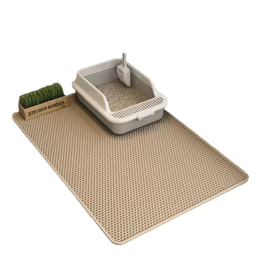 beige cat mat with a litter box on top of it