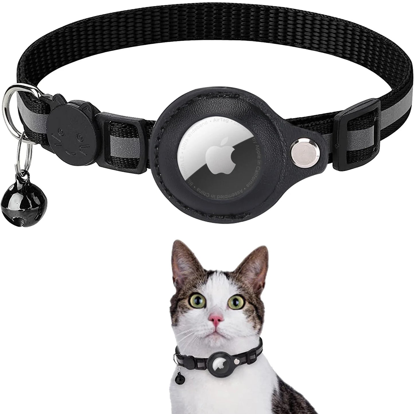 black glow cat collar with a small bell and a tracker insert
