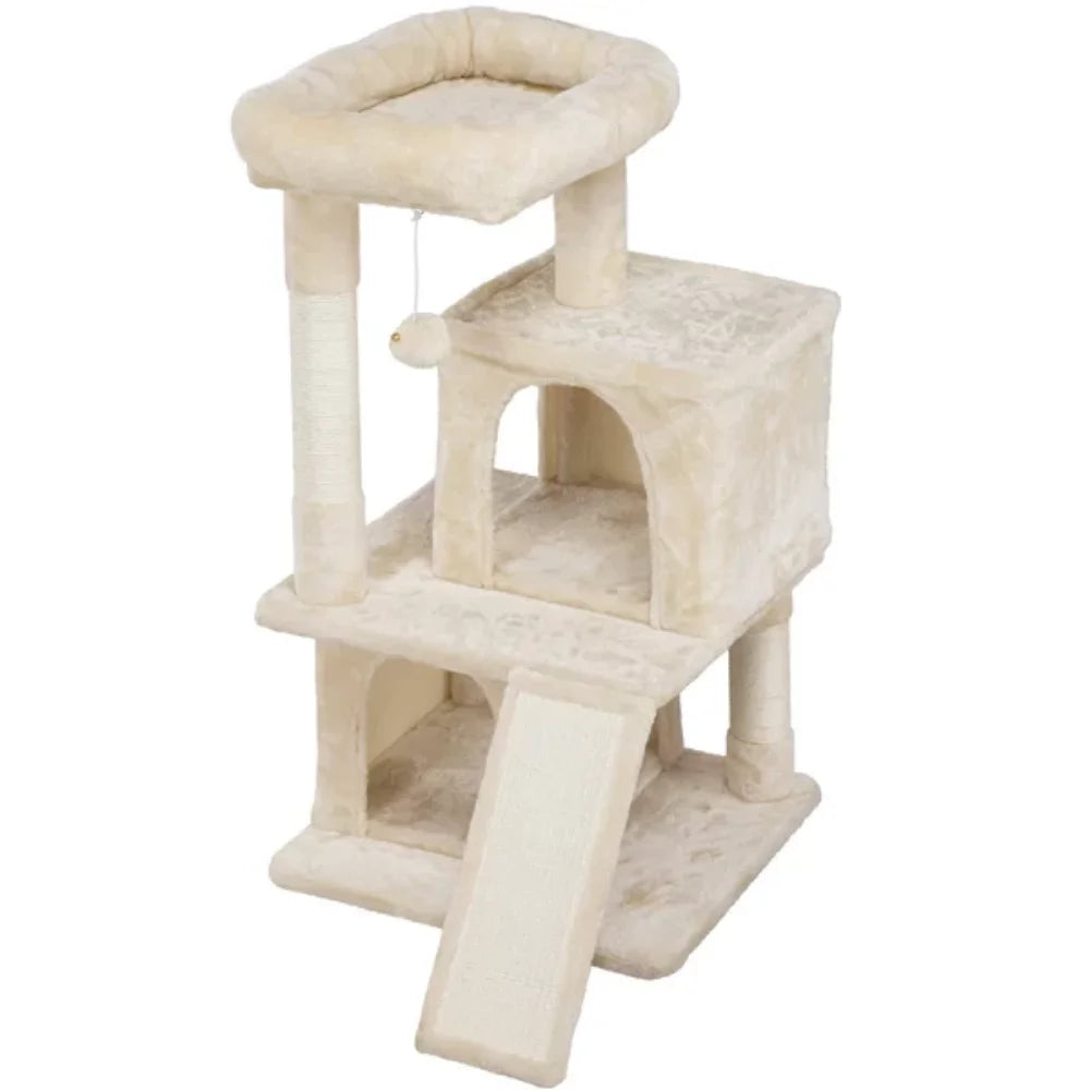 dark beige small cat stand tower tree with a scratching board and a hanging ball toy