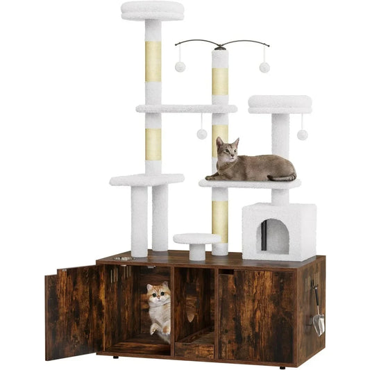 two cute cats using a multilevel cat tree tower with one cat sitting on the top and the second inside one of the cabinets 