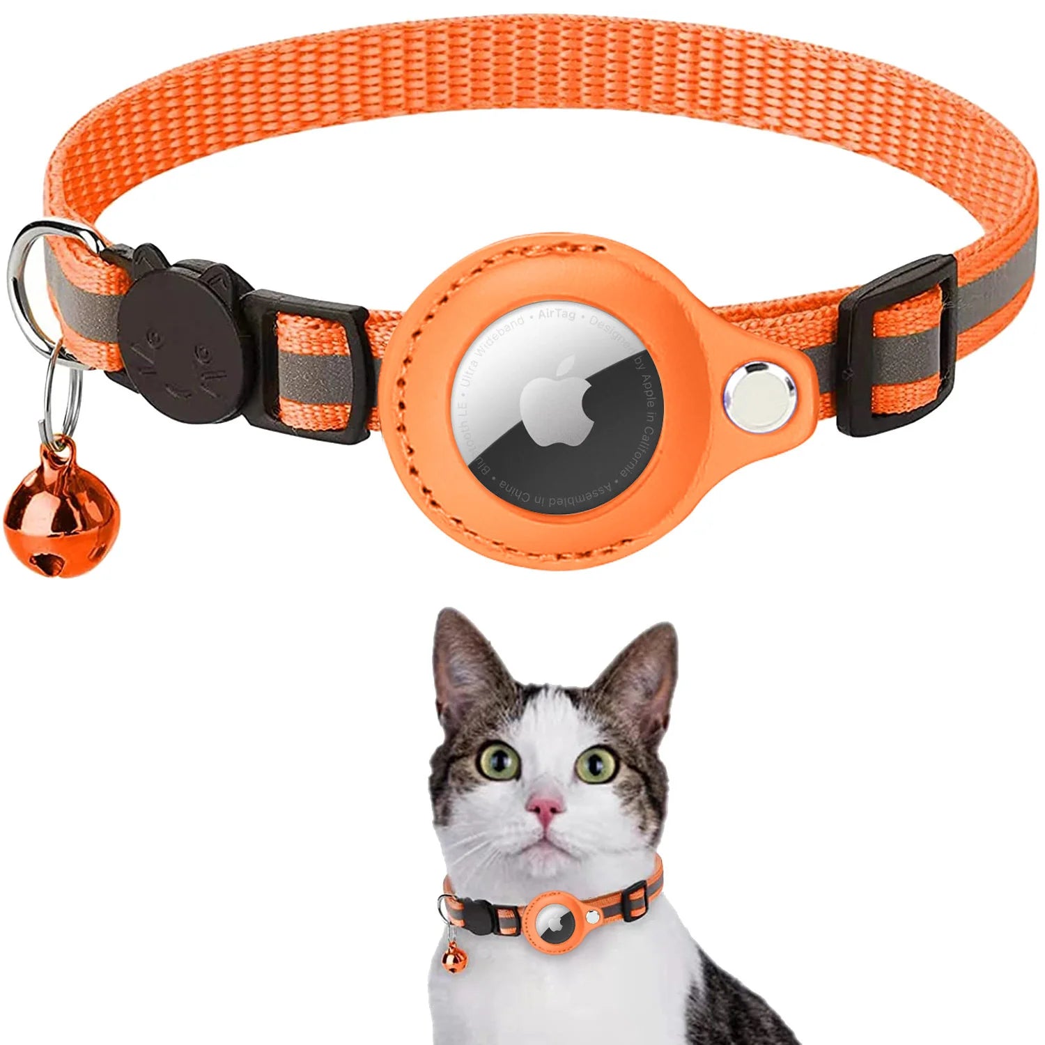 orange glow cat collar with a small bell and a tracker insert