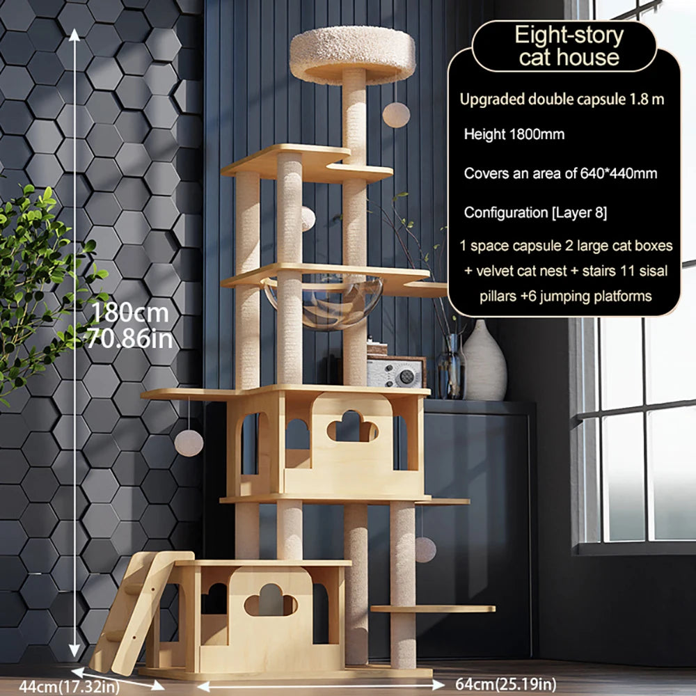 multiple levels cat tree tower with cat toys and scratching boards and beds 