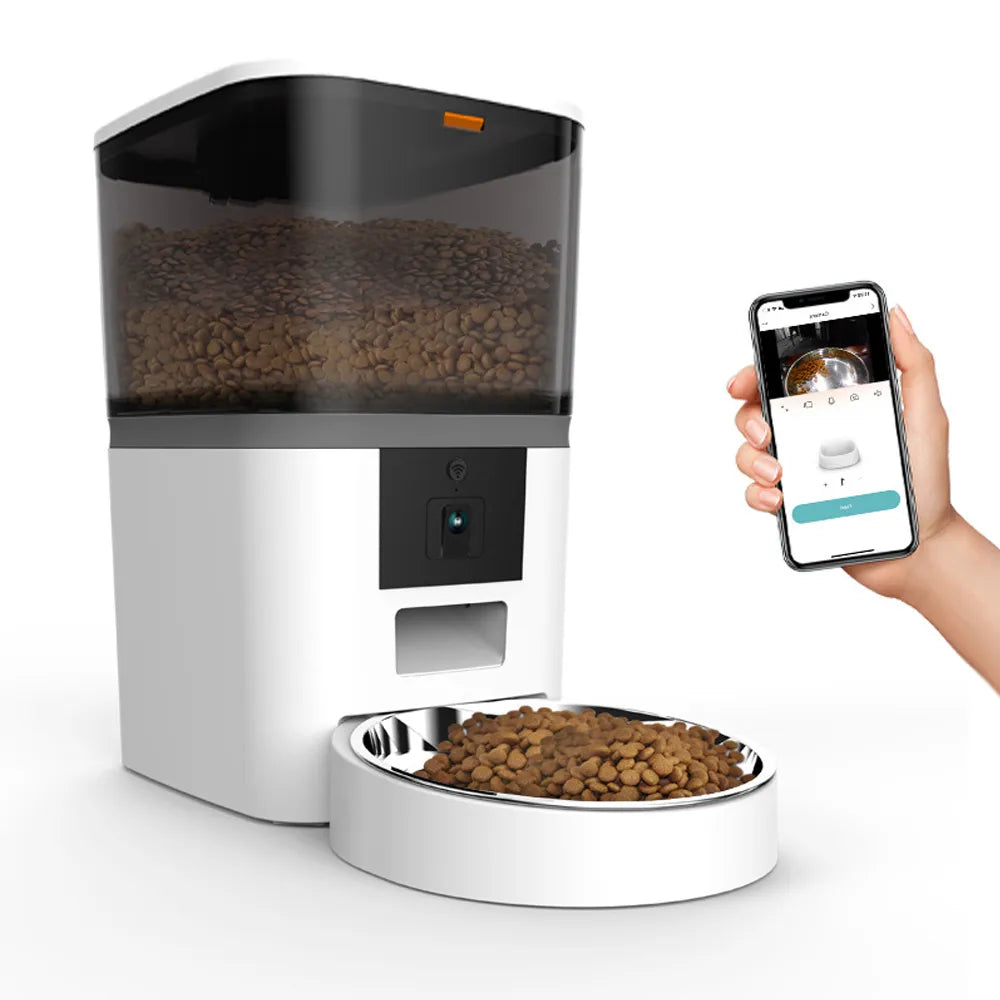 white automatic act feeder with a phone app and a camera