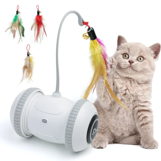 a cute cat playing with a white cat toy robot that has yellow, pink, and red feather