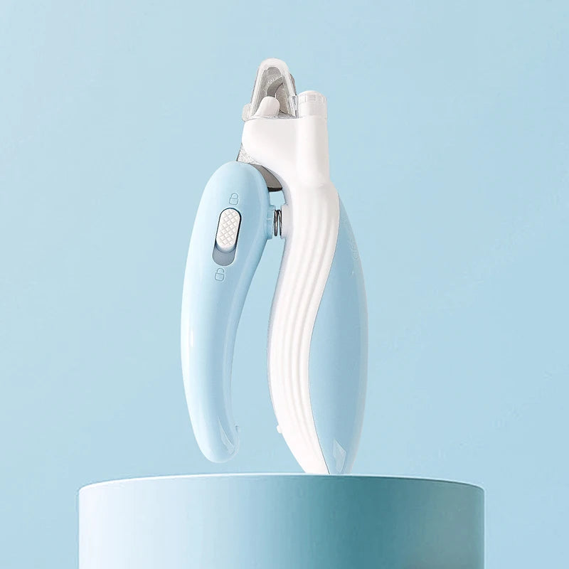 a blue and white claw trimmer for cats with a light and a protector
