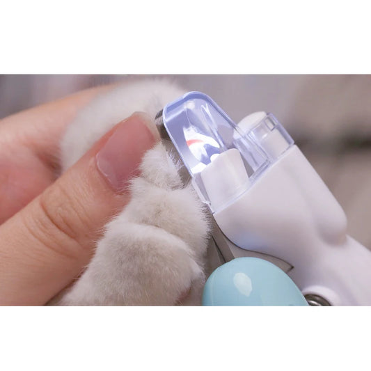 a white claw trimmer for cats with a light and a protector trimming white cats nails