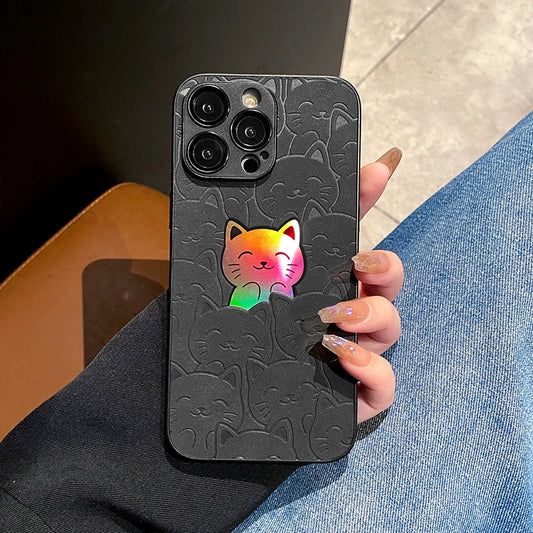 a hand holding a super cute black cat I phone case with a colorful cat in the back