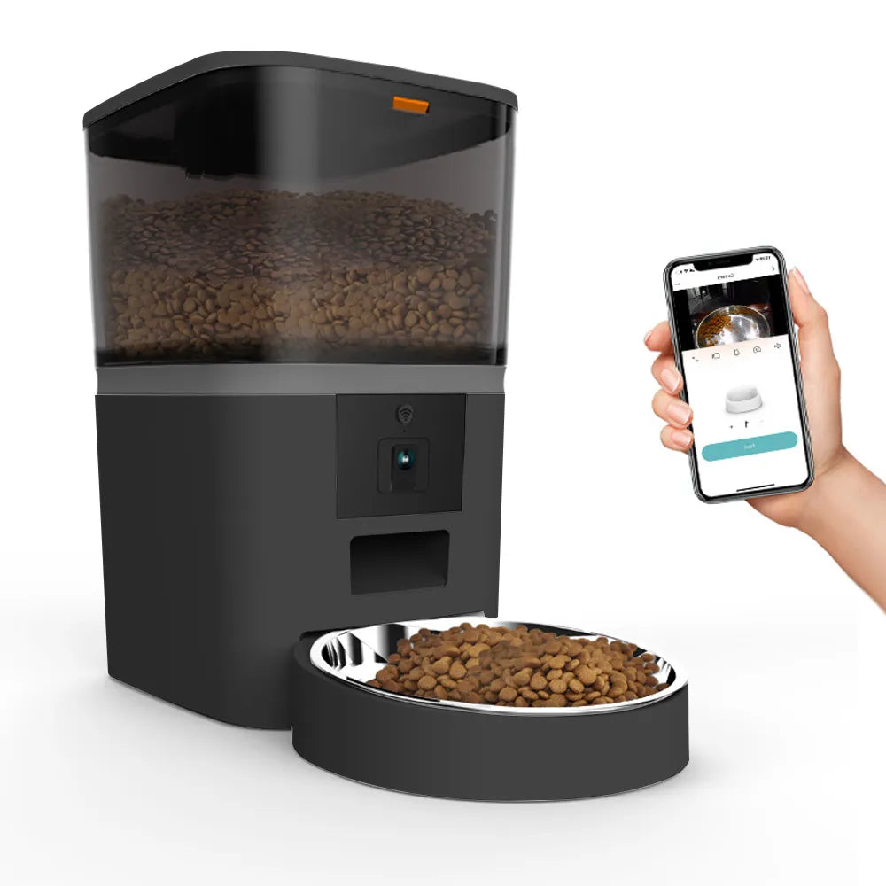black automatic act feeder with a phone app and a c amera