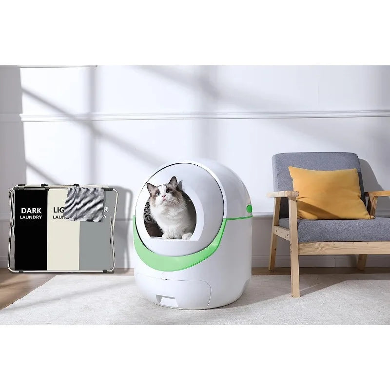 a cute white cat using an advanced self cleaning white and green litter capsule 