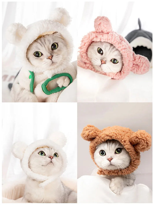 cute cotton warming bear ear hats for cats pink/brown/white