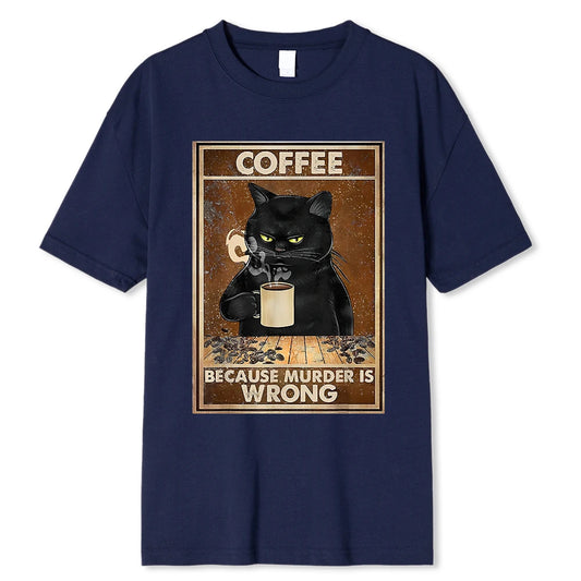 cat drinking coffee t-shirt comfy and good quality cotton blue