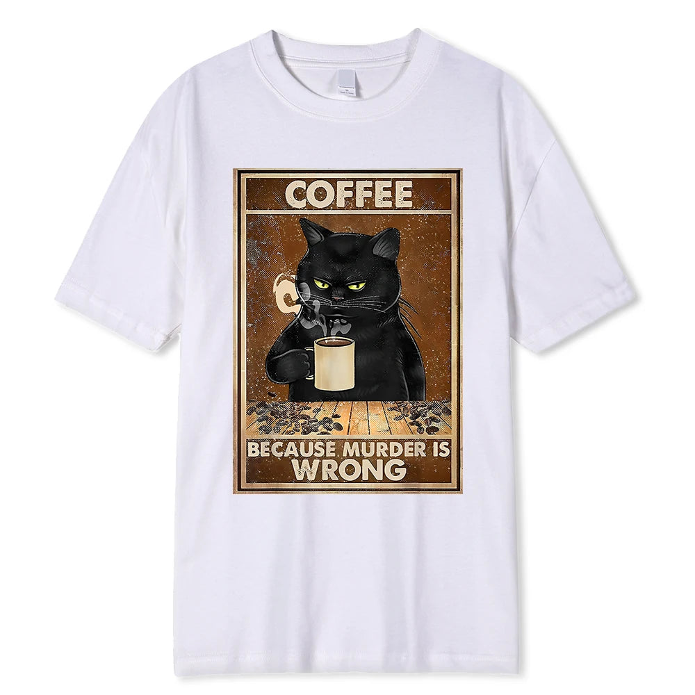 cat drinking coffee t-shirt comfy and good quality cotton white