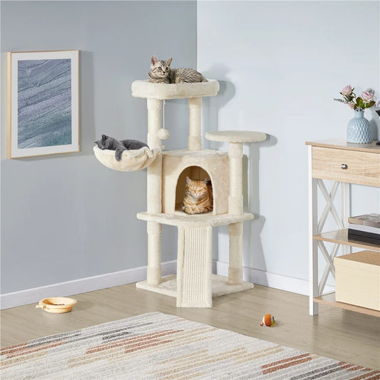 a white cat tree castle house with 3 cats cute cats sleeping on it in a cozy room