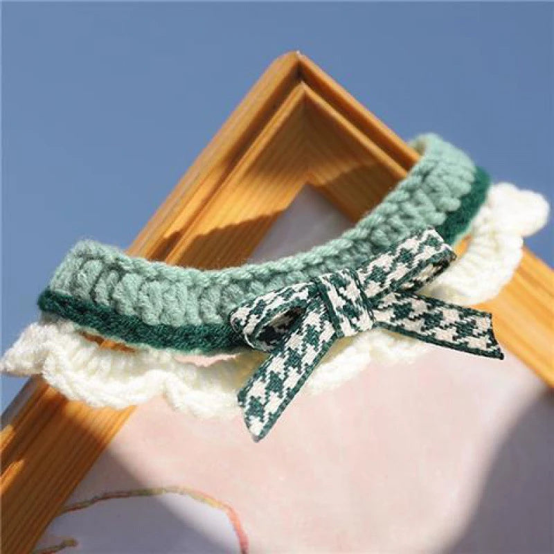 white and green knitted cute cat collar