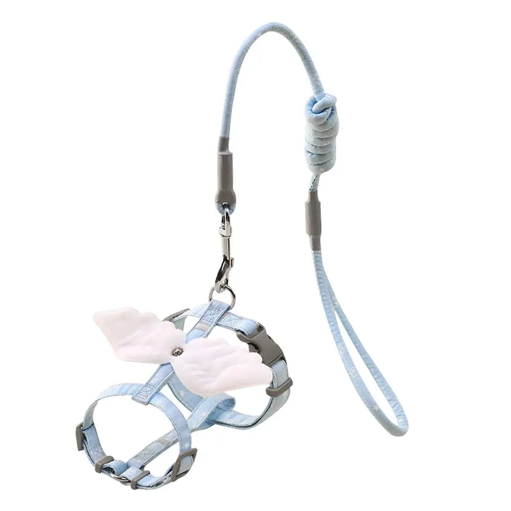 cute blue cat harness leash with whit angel wings