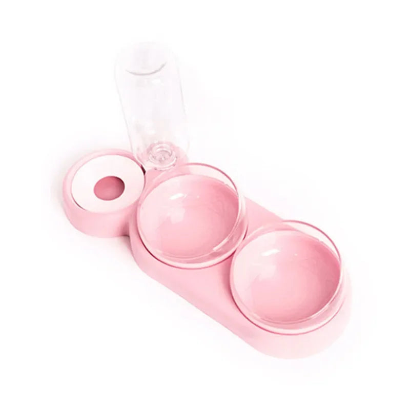 a pink double bowl feeder for cats that has three plates and a water automatic feeder 
