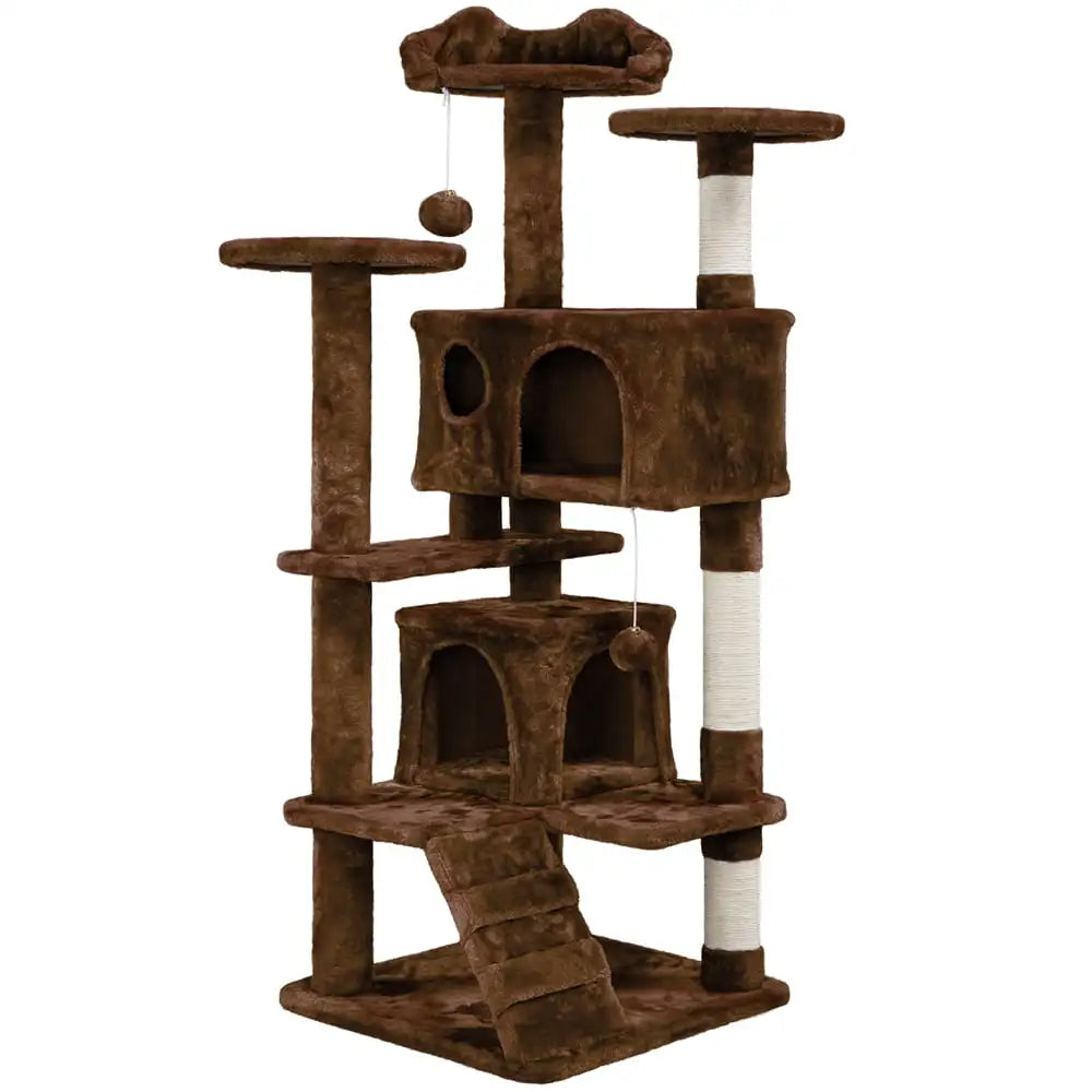 a brown multiple levels cat tree tower stand with hanging ball toys and scratching board