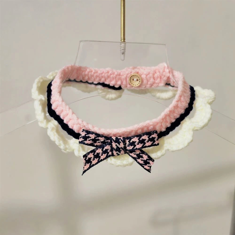 white, pink, and black knitted cute cat collar