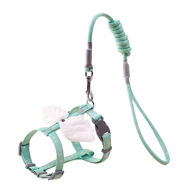 cute green cat harness leash with whit angel wings