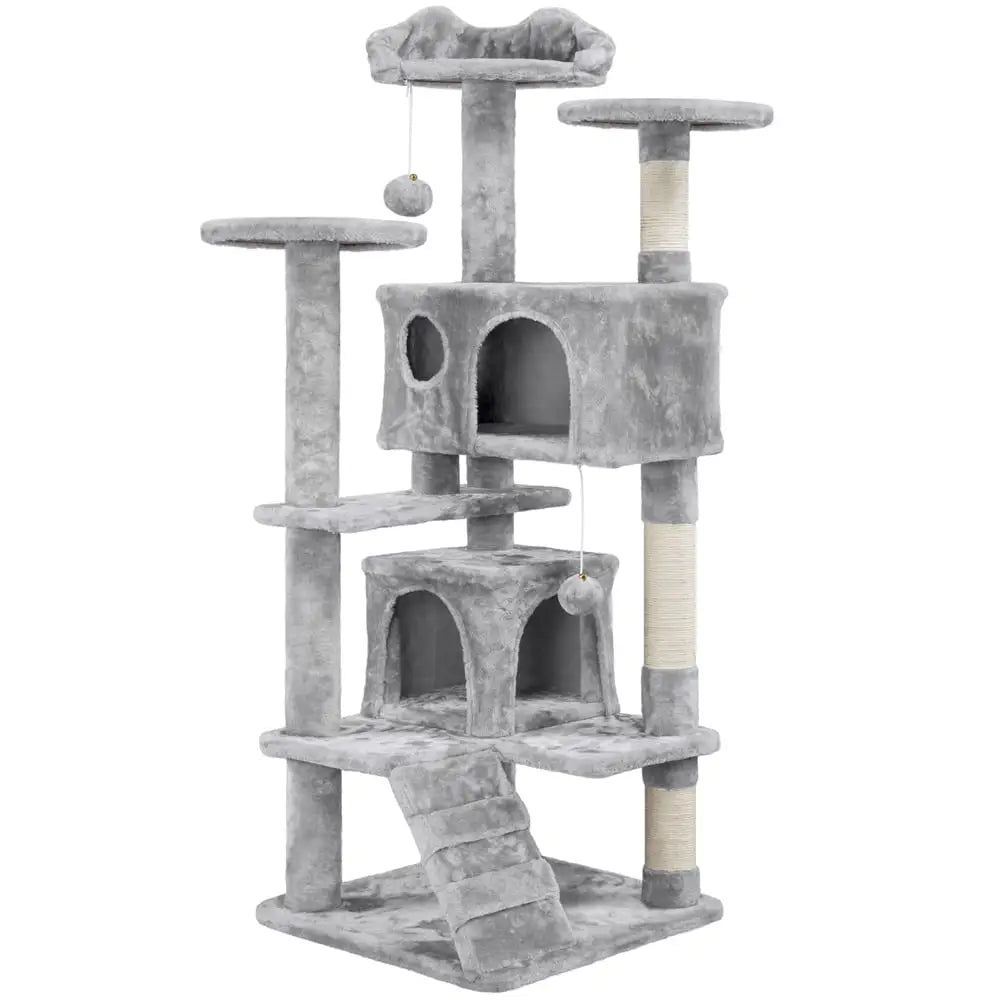 a gray multiple levels cat tree tower stand with hanging ball toys and scratching board