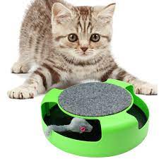 cute cat playing with a fun green toy with a mouse toy running around 