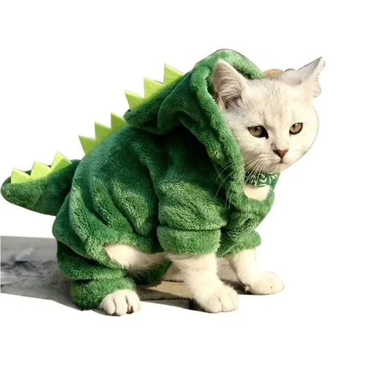cute white cat wearing a comfy cotton green dragon costume 