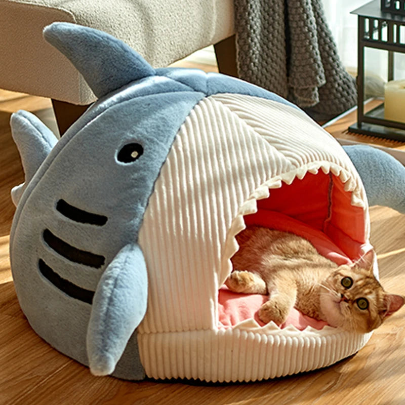 a cat bed that looks like a shark with an open mouth with a cute cat laying inside