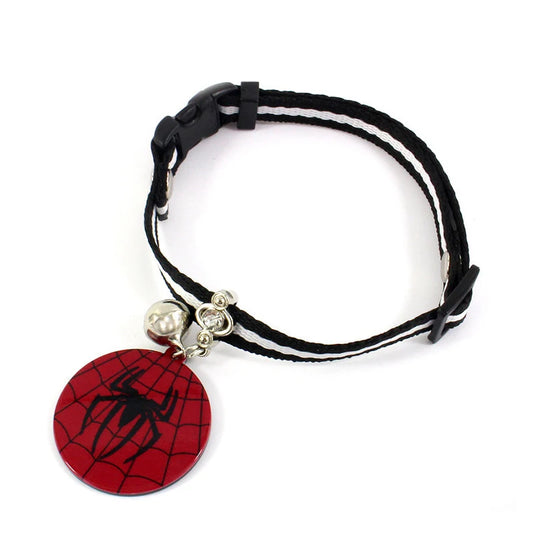 a cute black and white color collar with silver hinge and bell and a spider man red and black medal in the front