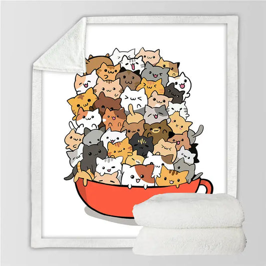 a blanket with bunch of colorful cartoon cats sitting in a big red cup