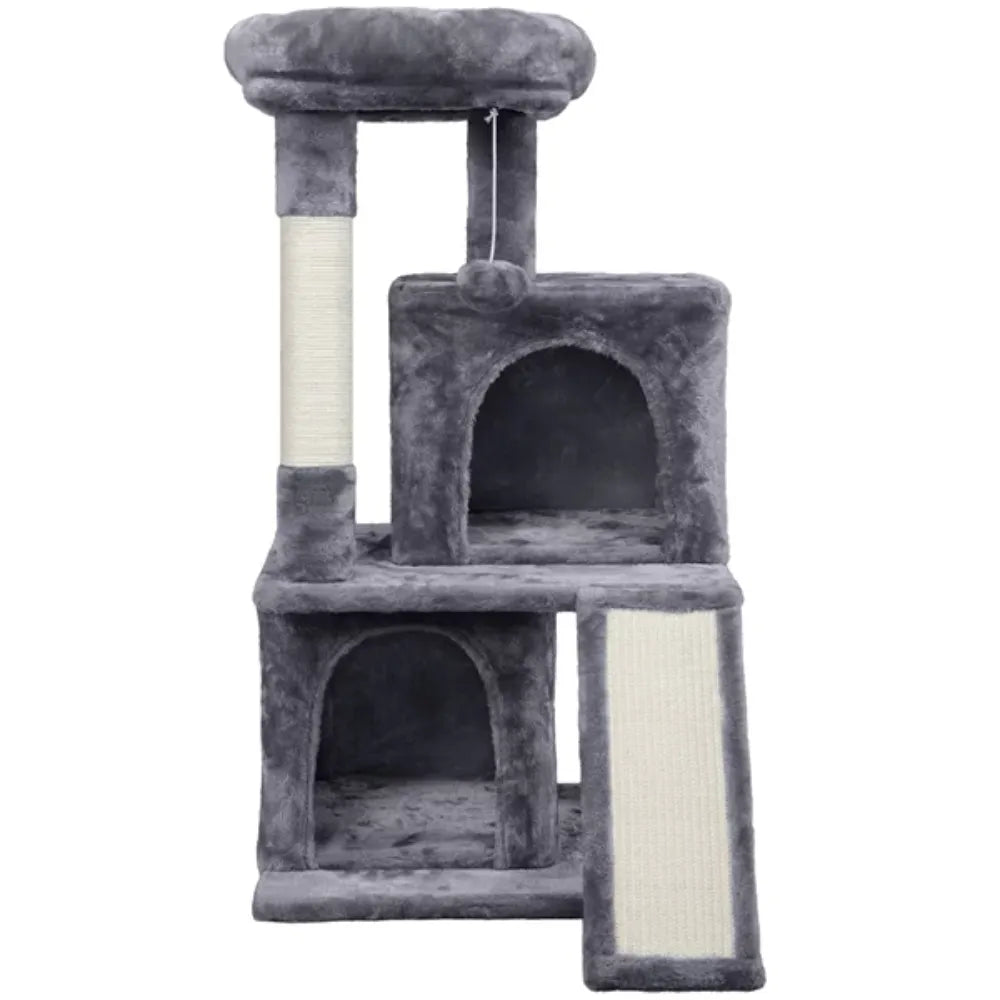 dark gray small cat stand tower tree with a scratching board and a hanging ball toy