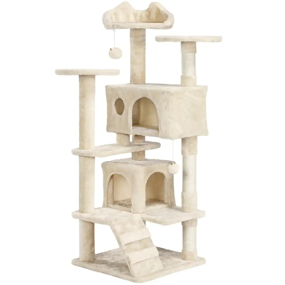 a beige multiple levels cat tree tower stand with hanging ball toys and scratching board