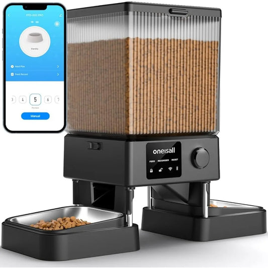 black automatic cat feeder with multiple bowls and a phone app 