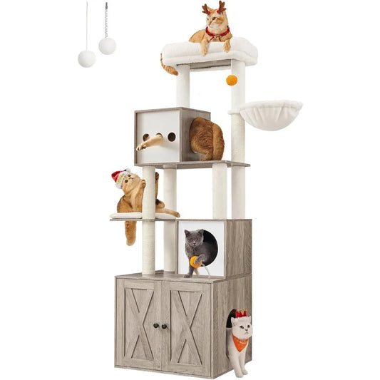 cool white cat tower and litter box with 5 cats playing on it 