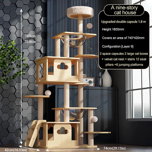 multiple levels cat tree tower with cat toys and scratching boards and beds 