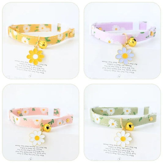 cute yellow, purple, pink, and green cat floral collars with a bell and a yellow, blue, and white flower figure 